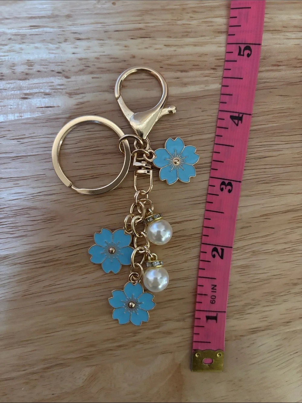 Gold Tone Keychain with Blue Flower Charms and Pearl Accents, Bag Charm